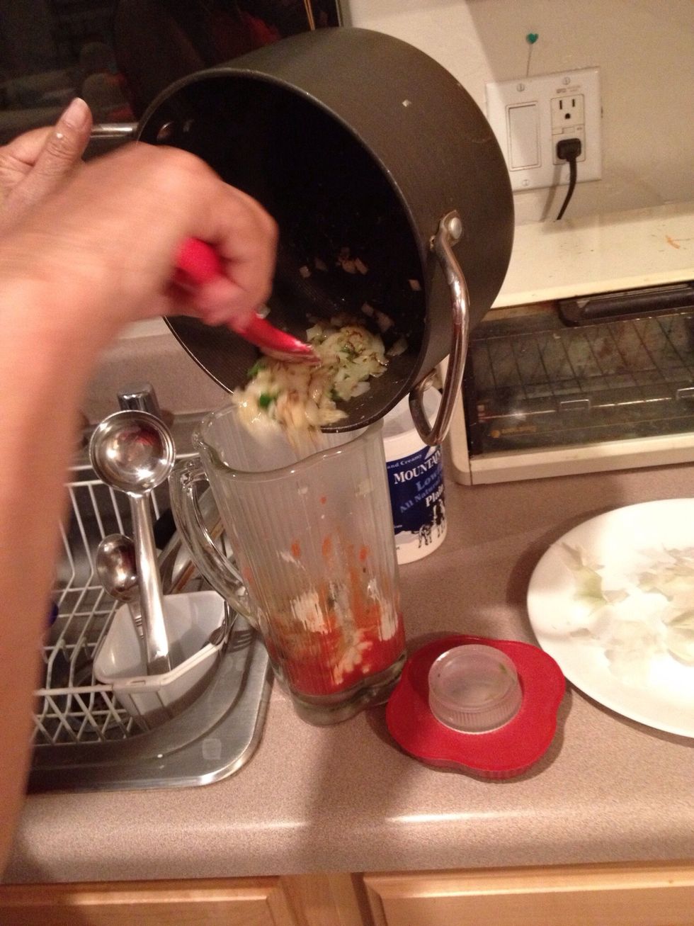 Add your pot contents, with your hopefully nicely browned onions etc., into blender.