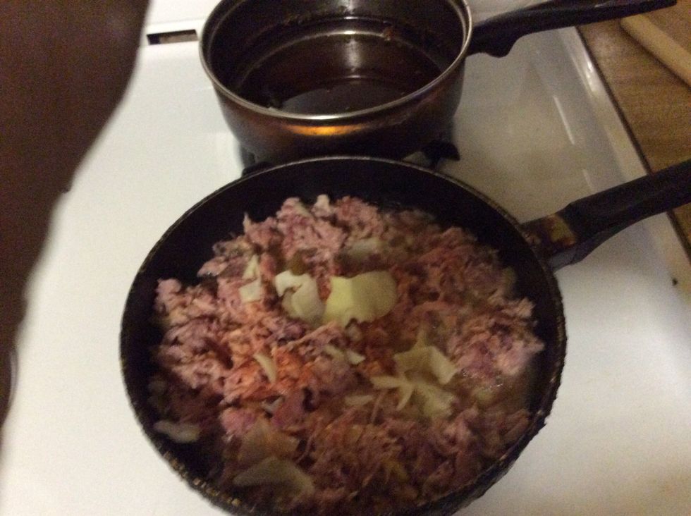 Add your pull pork in with it when onions are soft with water