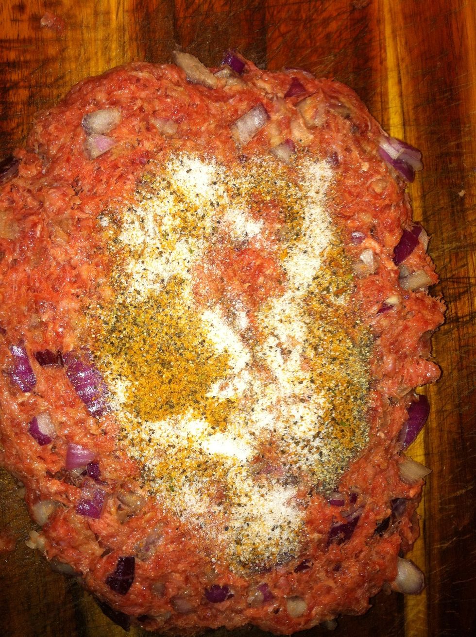 Add your seasoning. (I added a little to much salt so I added more hamburger.) mix it together.