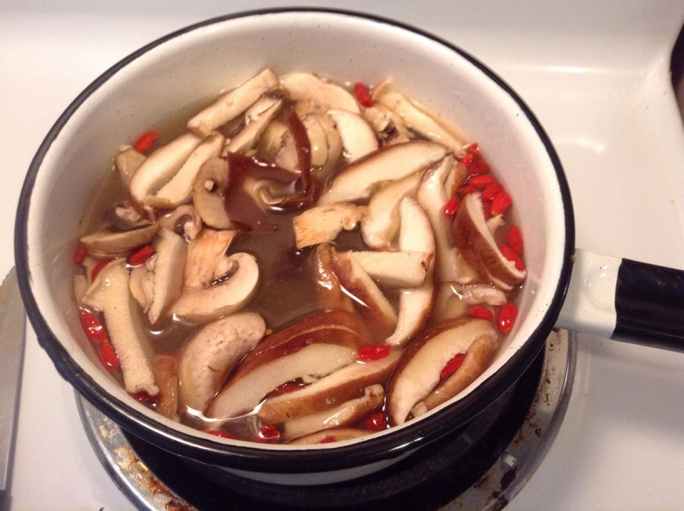 Add your shittake, maitake and black fungus. I was unable to get Maitake (which I heartily recommend for it's medicinal and nutritional value) so I used button mushrooms in their place.