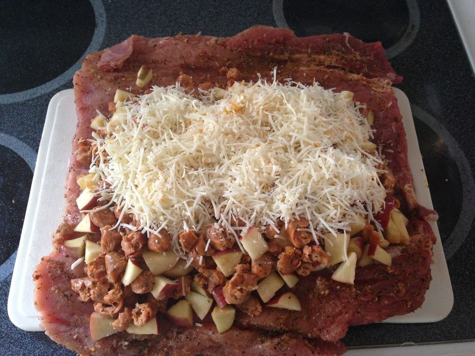 Add your shredded or sliced cheese. This is a mix of what I had on hand - asiago, mozzarella and Colby jack.