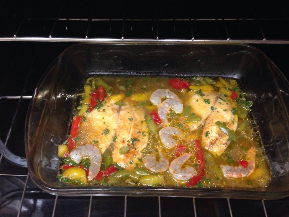 Add your shrimp to the pan. Close & TURN OFF the oven. Shrimp takes about 5 minutes to fully cook. The oven is hot enough to cook it so go ahead and allow it to.