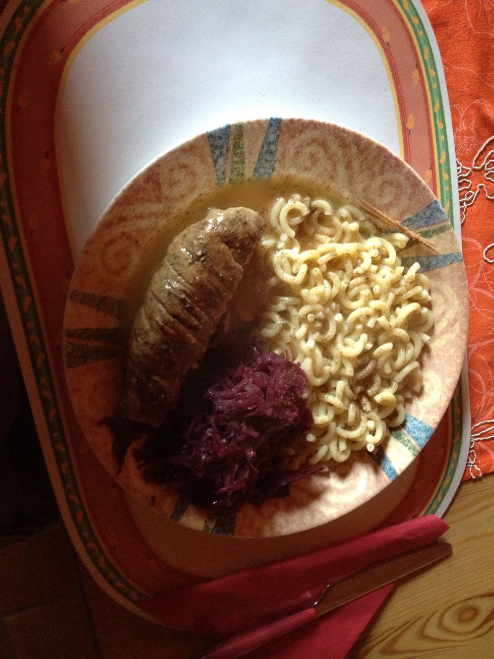 Add your sides... Pasta & red cabbage in this pic...