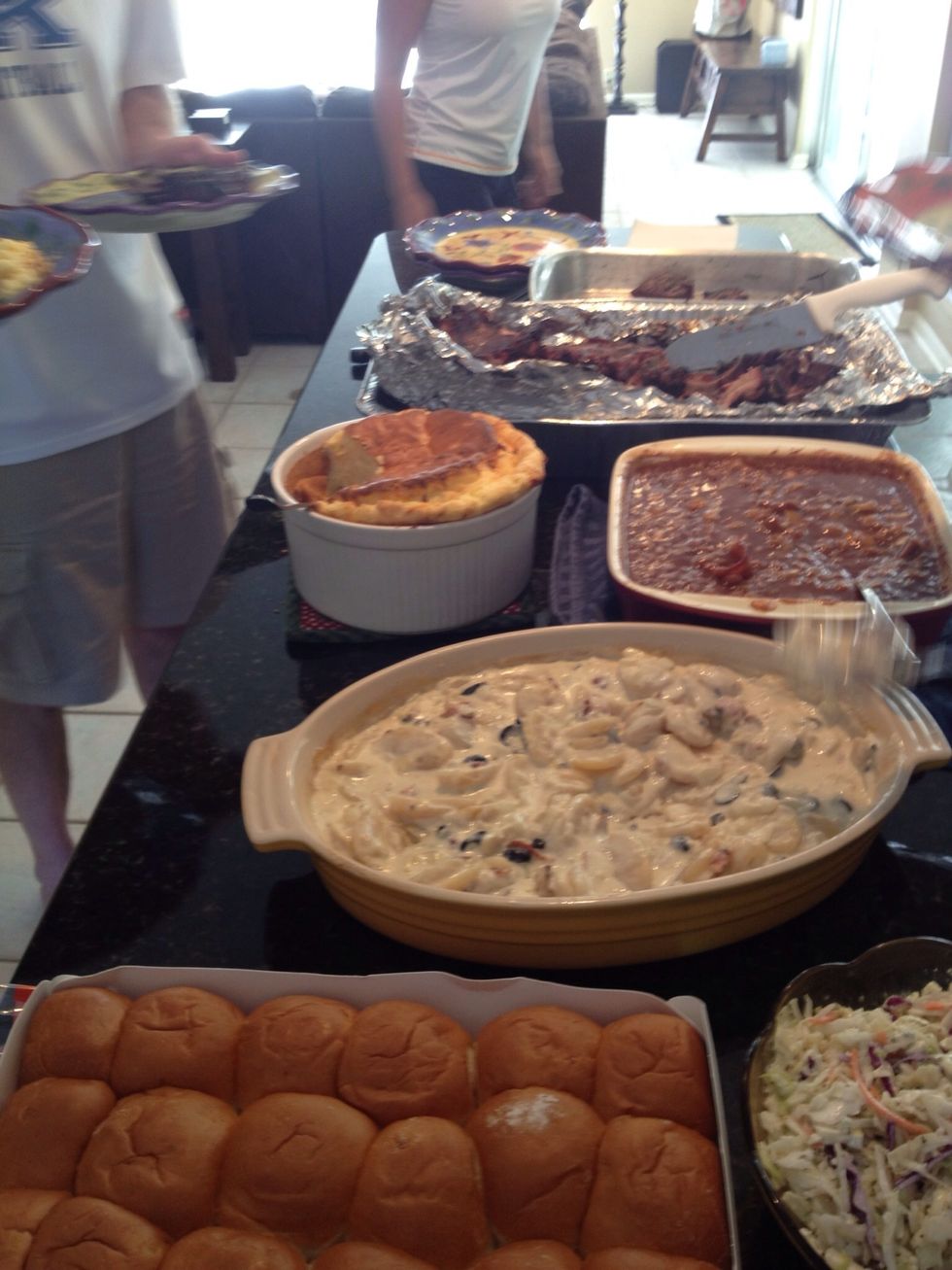 Add your sides-slaw,Robey  beans, souffle, Valinda potatoes. Bon Appetite. Enjoy!