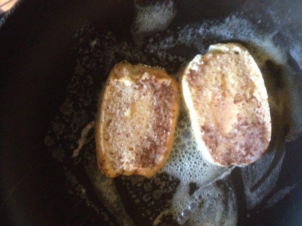 Add your slices to the pan and turn the heat up to medium-high.