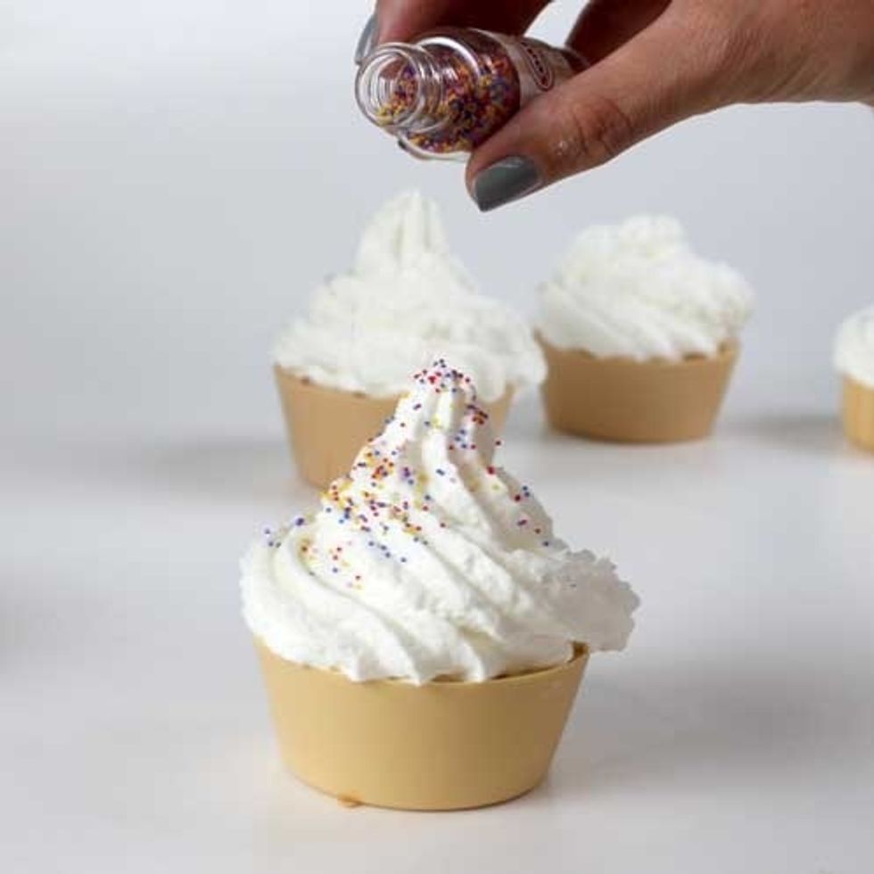 Add your soapylove sprinkles (or any color of jojoba beads) and let the frosting harden up for2-3 days. The longer you let it sit out, the harder it will get.