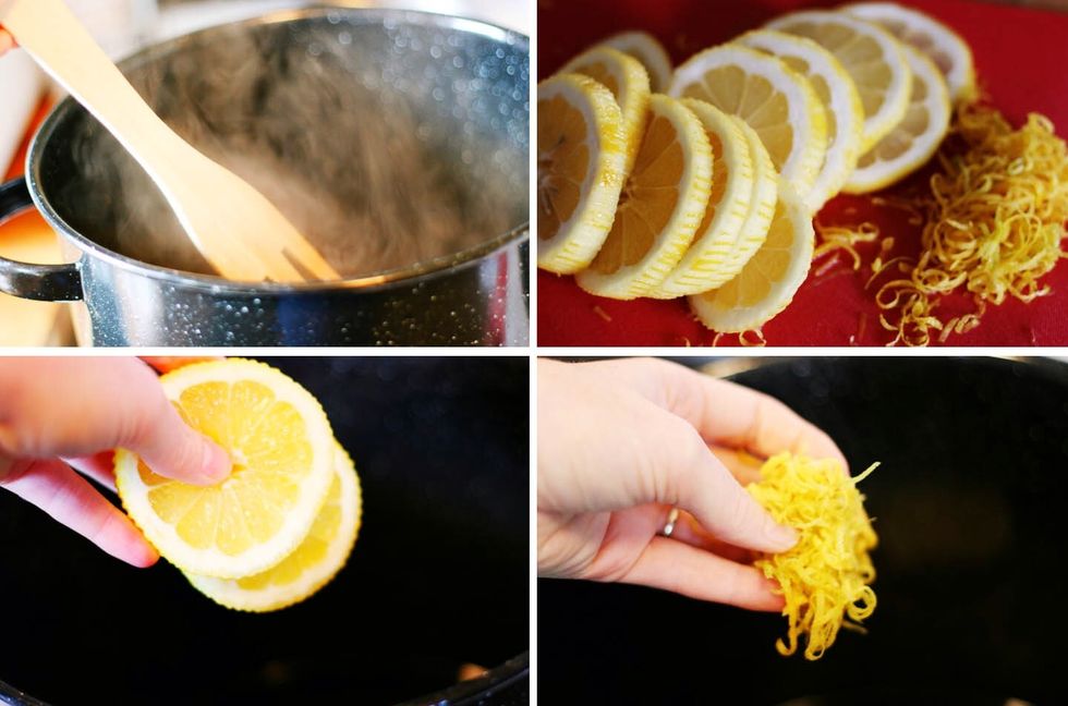 Add your sugar and citric acid to the water, stirring over med heat until dissolved. Add the zest of two lemons, then slice the lemons and throw those in the pot too.