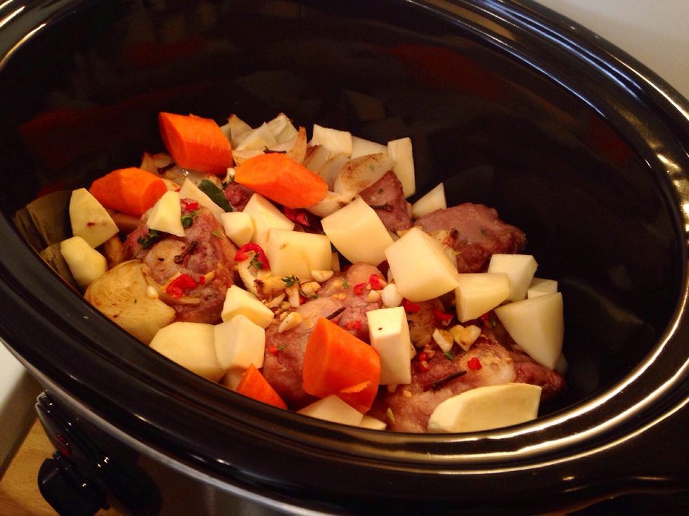 Add your sweet potato and carrots (can add potatoes or start to boil them in a separate pot)