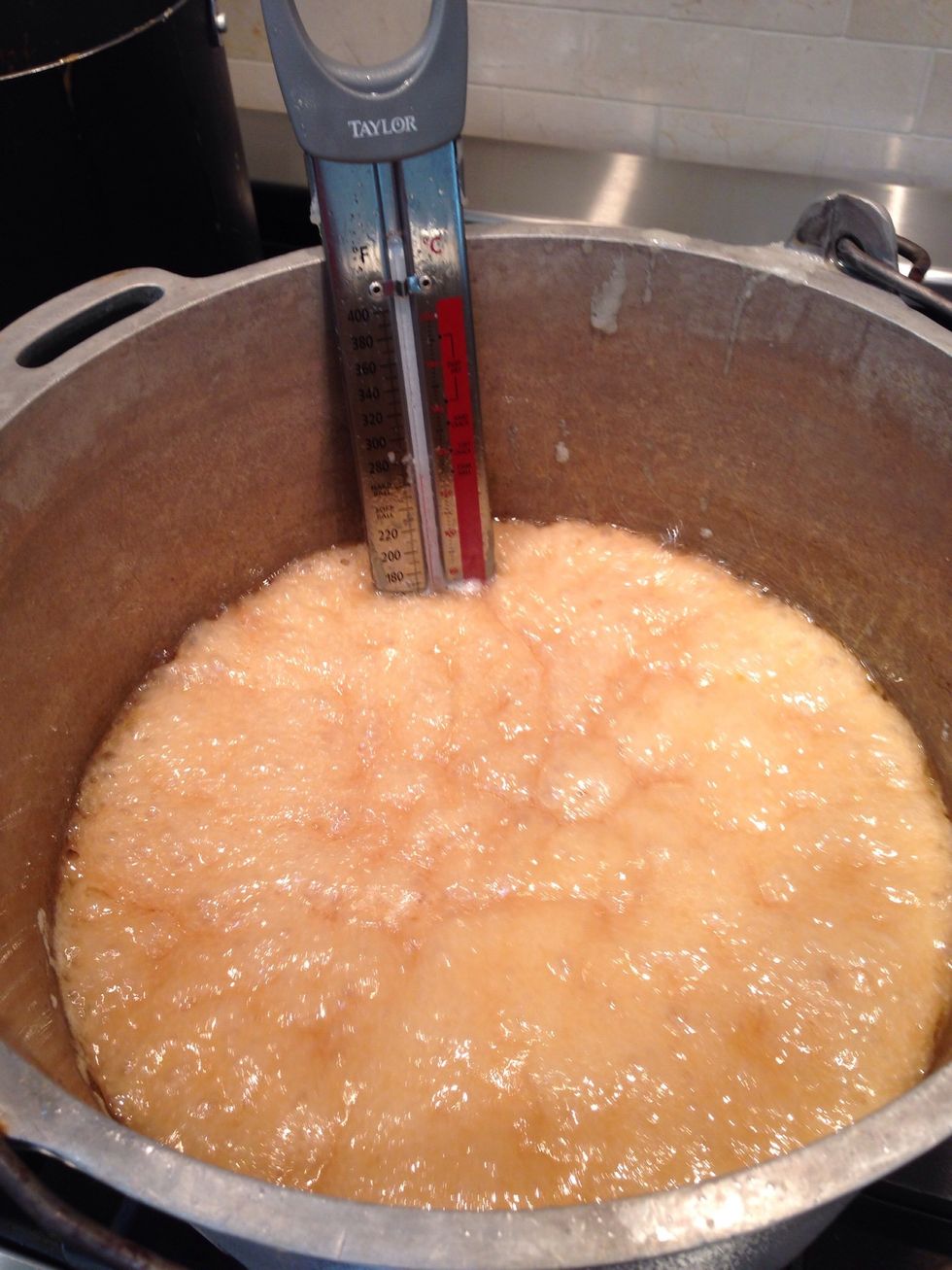 Add your thermometer to begin monitoring. More importantly, watch the color change to light brown and them toffee brown as it chemically transforms.