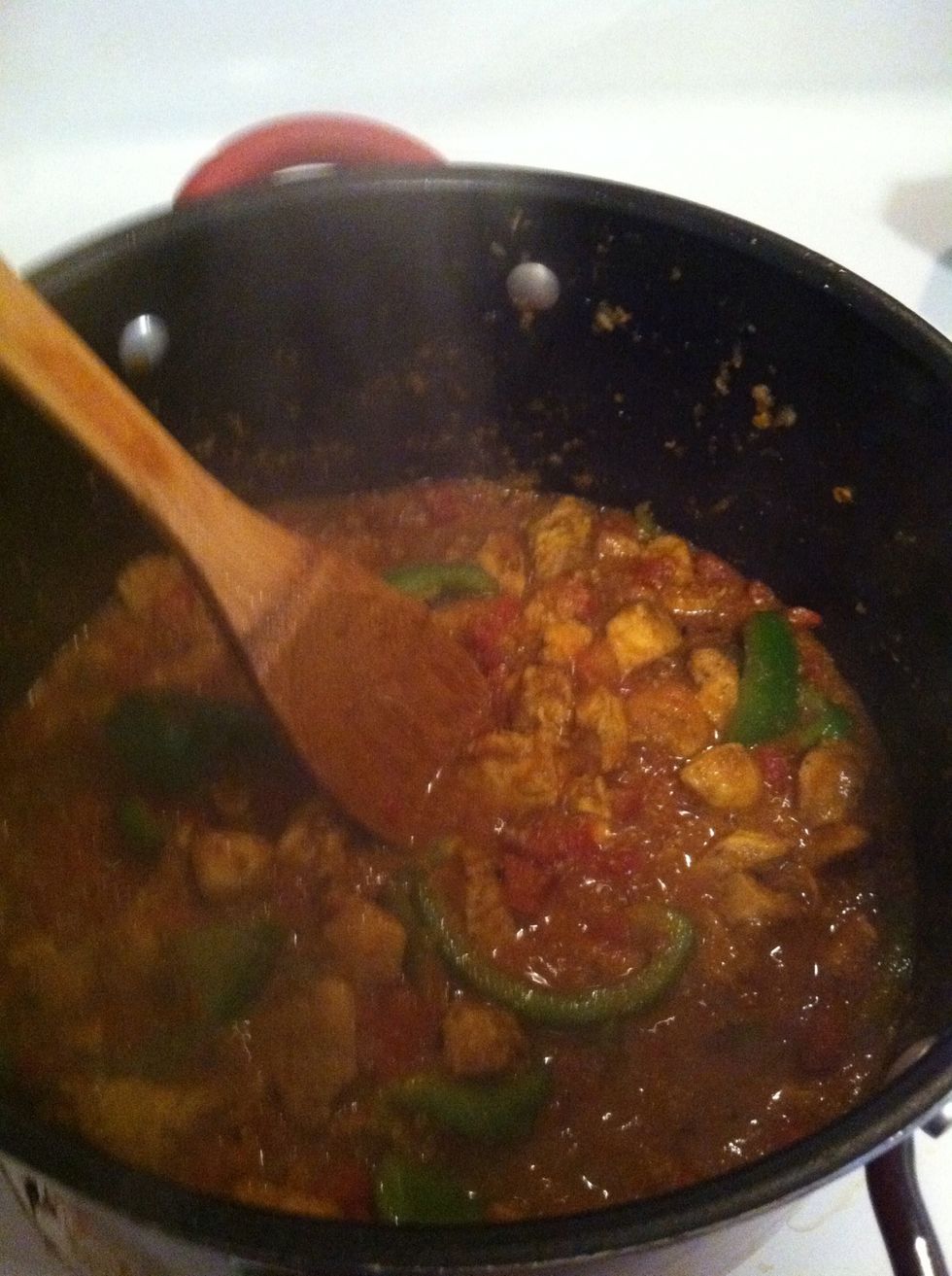 Add your tomatoes and about one 1/2 cup water, stir for a lil then add your green pepper lower fire and cover. Wait about 5 min.for the pepper flavor to sink in ,add your cilantro