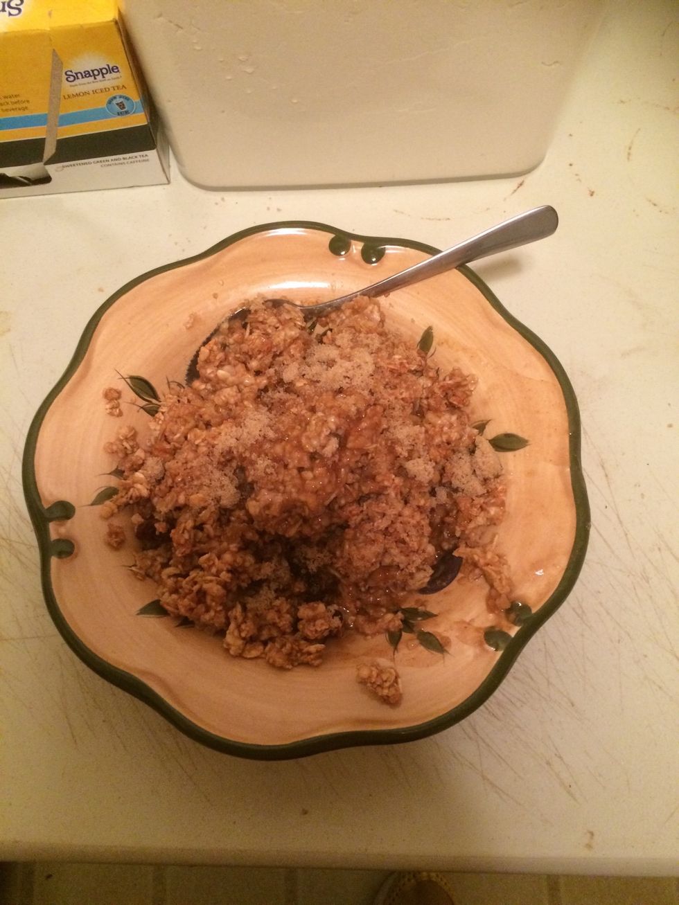 Add your toppings. I added brown sugar, but you can also add raisins, craisins, dried apples, flaxseed, nuts, etc.