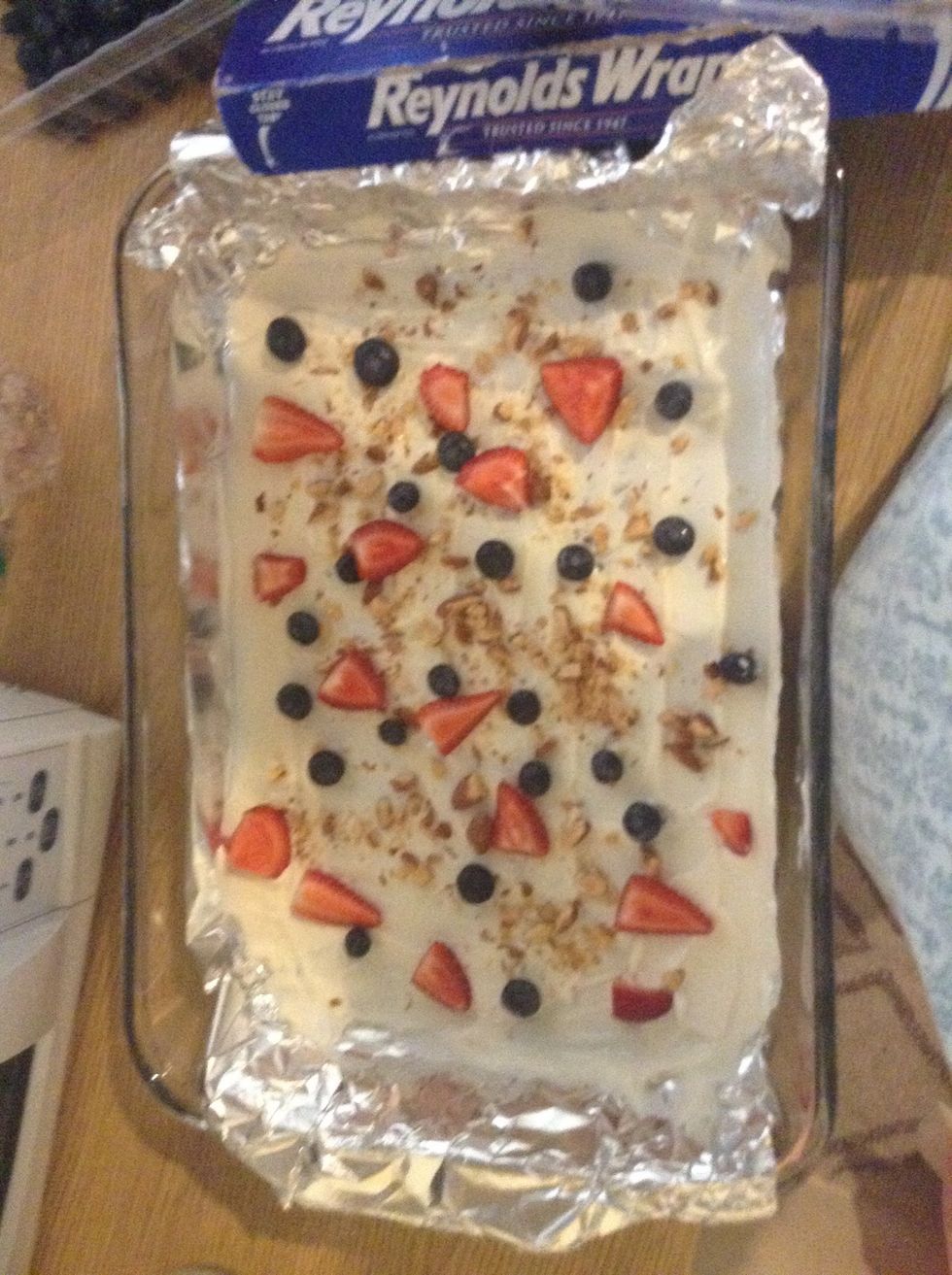 Add your toppings we added blueberries strawberries and crushed roasted and salty almonds to add a kick to it! The possibilities are endless