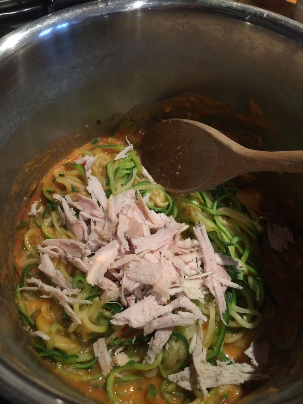 Add your turkey then stir together! Cause my sauce was hot from the oven it didn't need any extra heating for the cold turkey. But heat everything at this point if your sauce is cold.