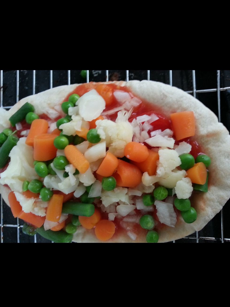 Add your vegetables or which ever toppings you want. Add chicken pieces if you like