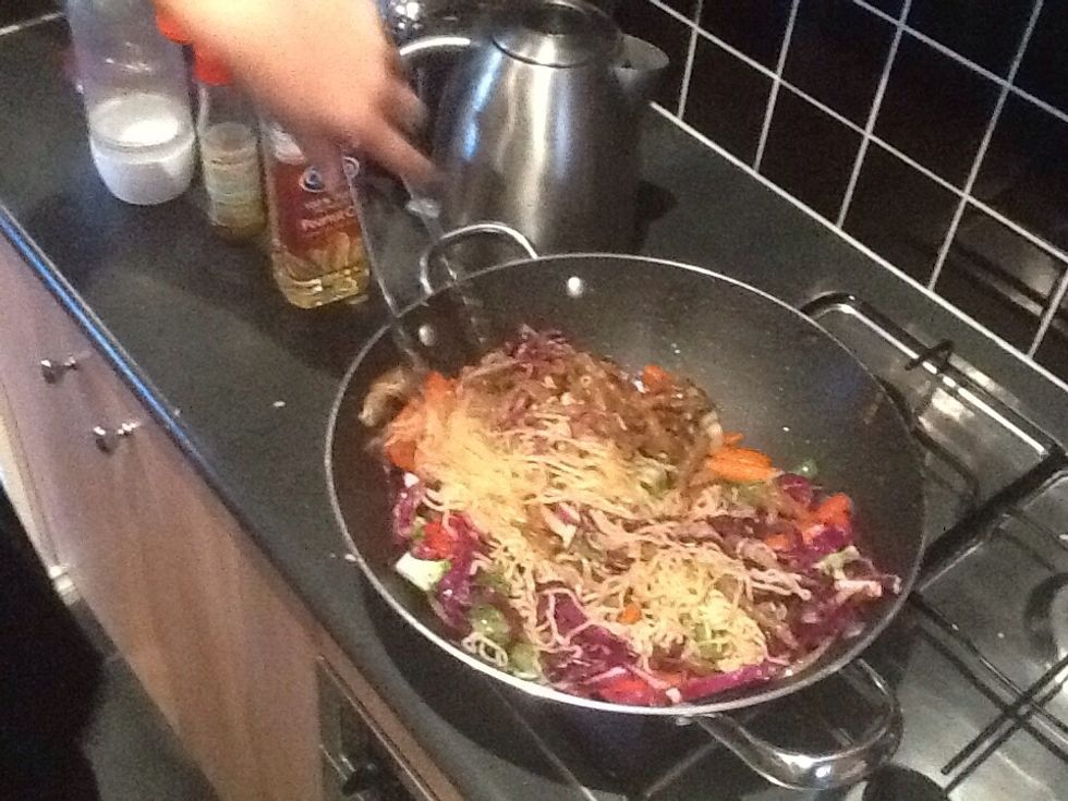 Add your vegetables to the pan to cook then add your noodles and steak. You can add a sauce if you want