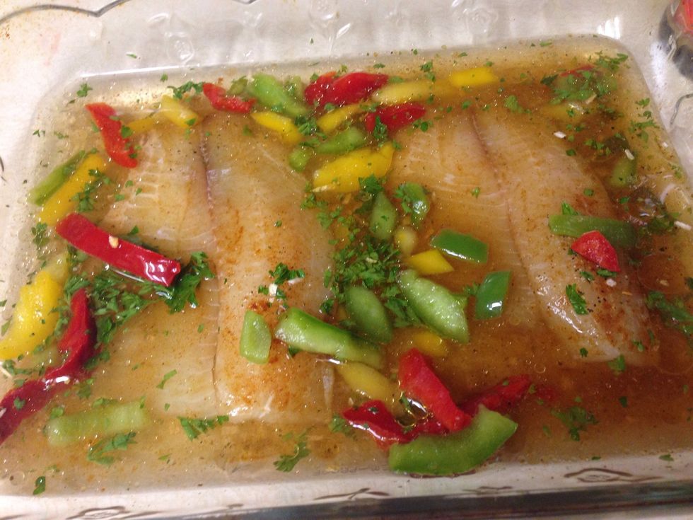 Add your water to the dish. Go ahead and place this in the oven for 15-20 minutes. Tilapia is white when done.