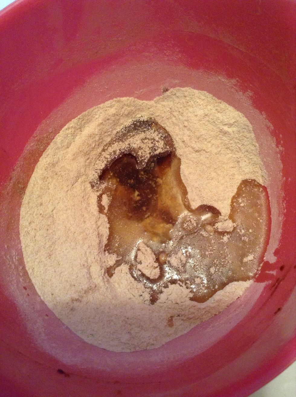 Add your wet ingredients to completely mixed dry ingredients. You may do this in a separate bowl I just like cutting down on dishes :)