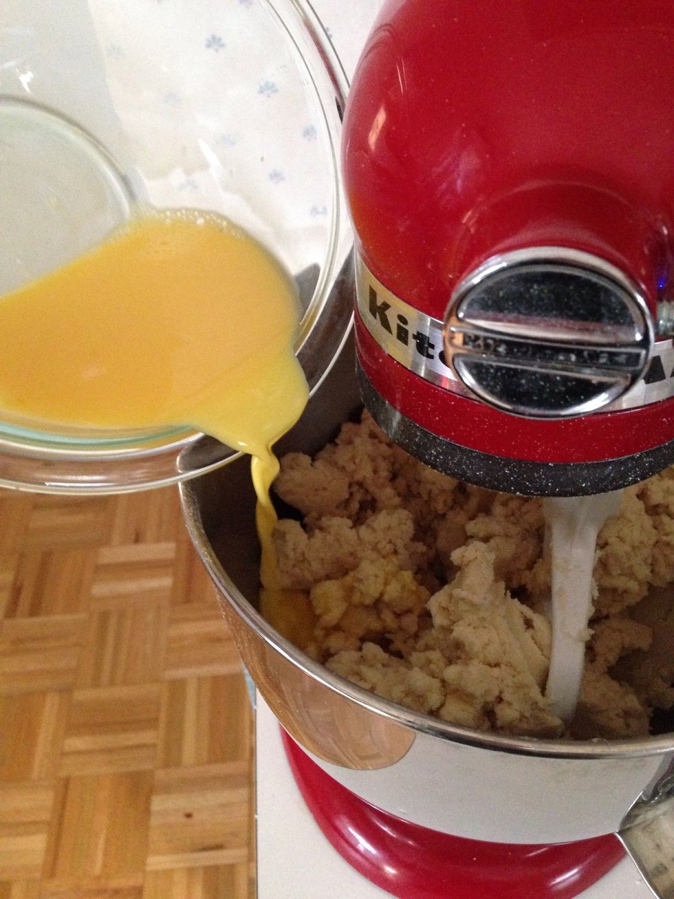 Add your wet ingredients to your dry ones. Mix until a dough forms.