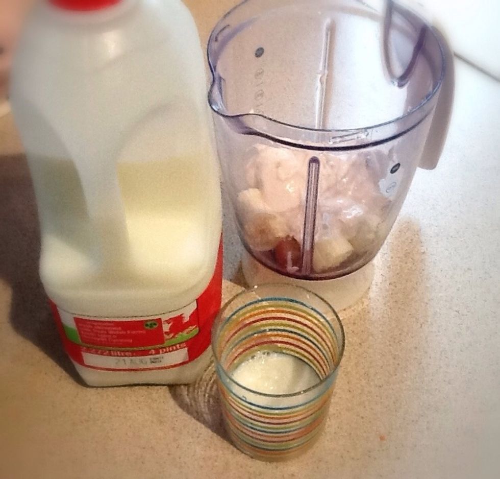 Add your yogurt into the blender too, if your yogurt is very thick (like mine!) you may need to add a drop or two of milk. I've added about 2 tablespoons to mine.