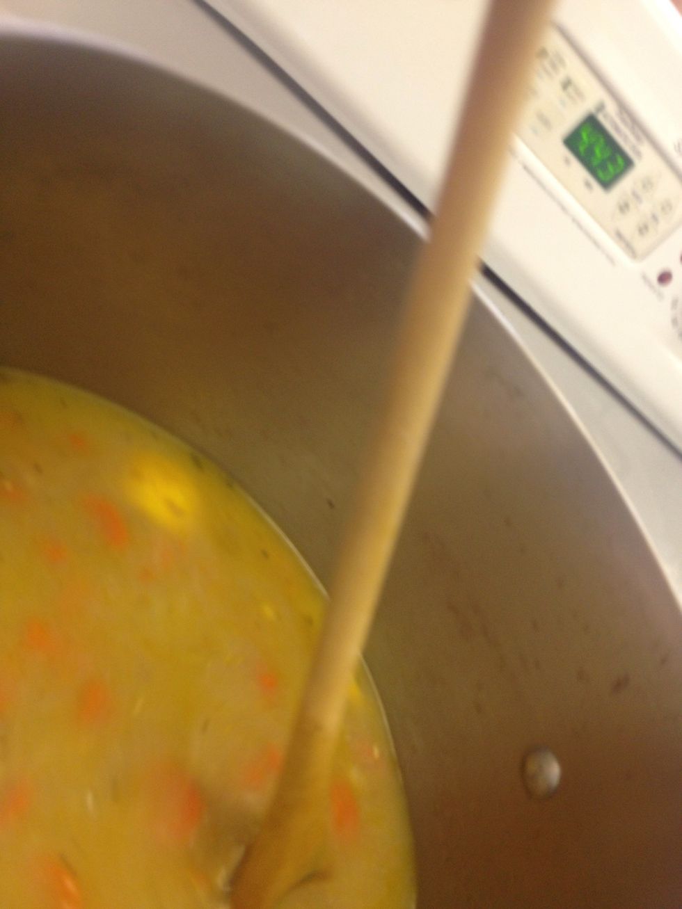 Add zest and broth (6 cups of low sodium chicken broth)