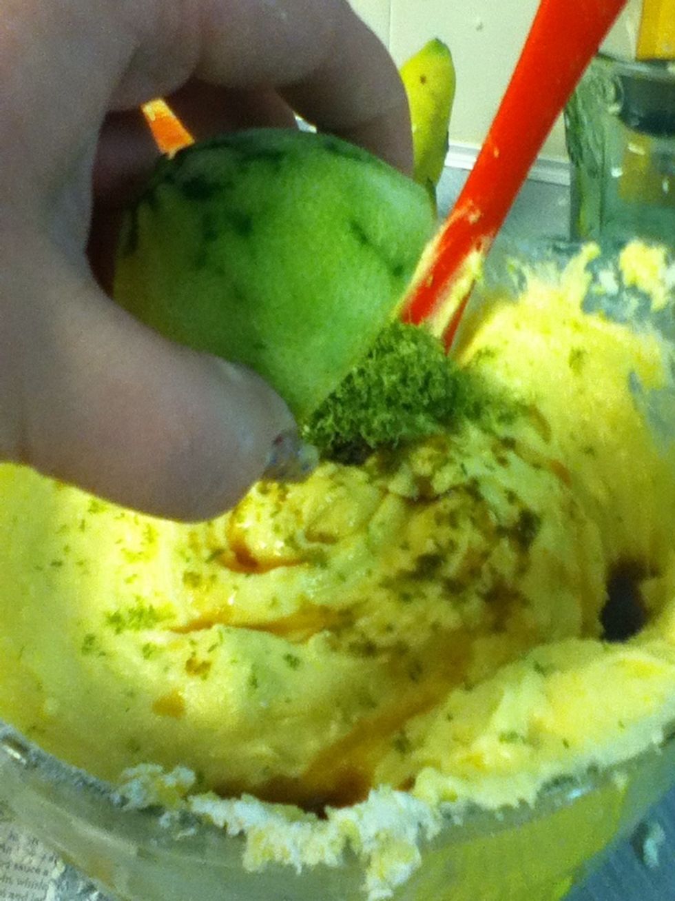 Add zest,vanilla,almond and juice the lime.
