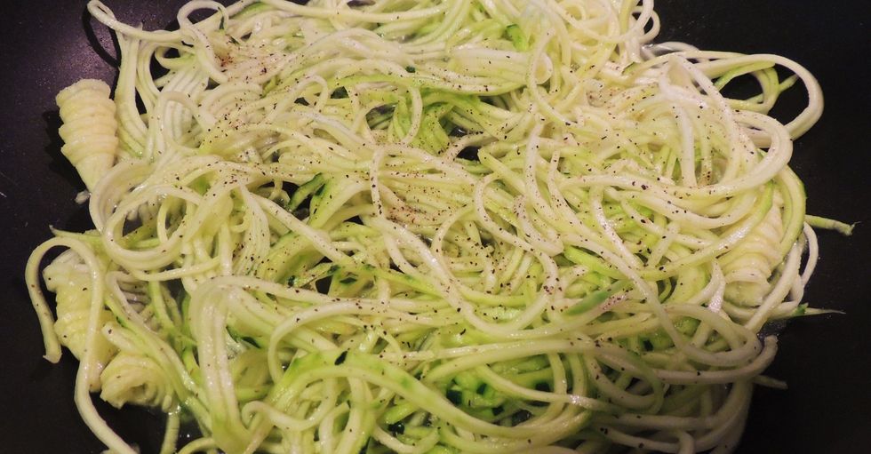 Add zucchini and 1/3 c organic chicken broth and set on low. Sprinkle with salt and pepper as desired. You'll continue to flip/stir for a bit.