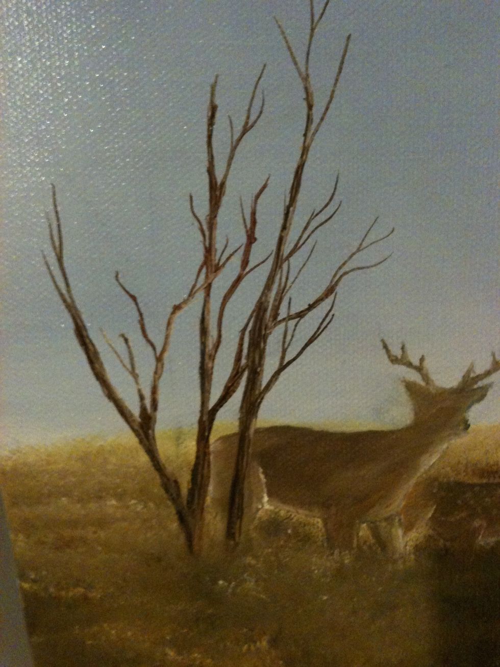 Added highlights on the bark to make it look round. I just used my twiggy liner with white and yellow ochre. Make the paint like ink. Just use short little strokes for the bark.