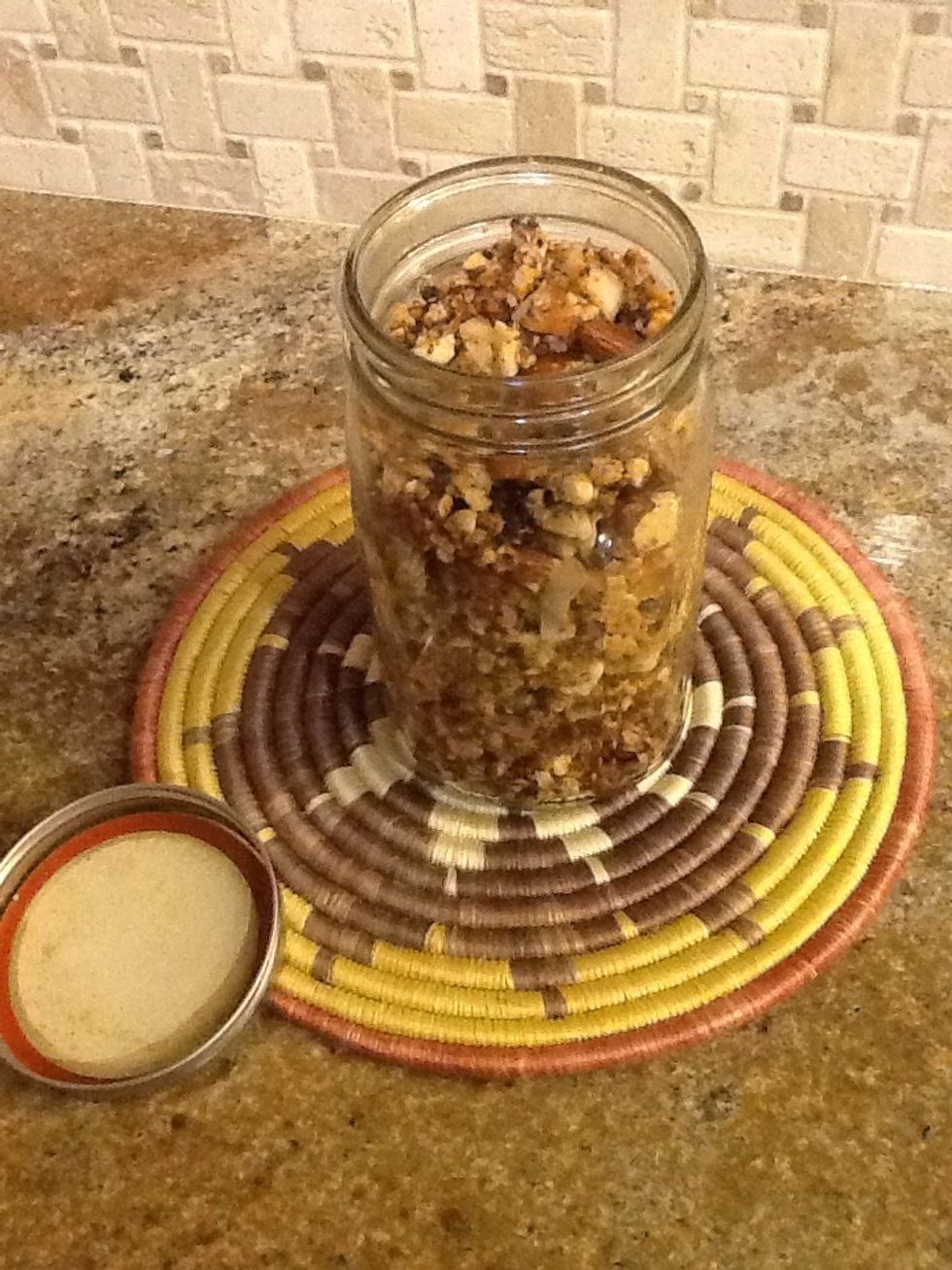 Added it to a mason jar for storage and voila! Tomorrow morning I will have this with some unsweetened almond milk and a banana for breakfast!