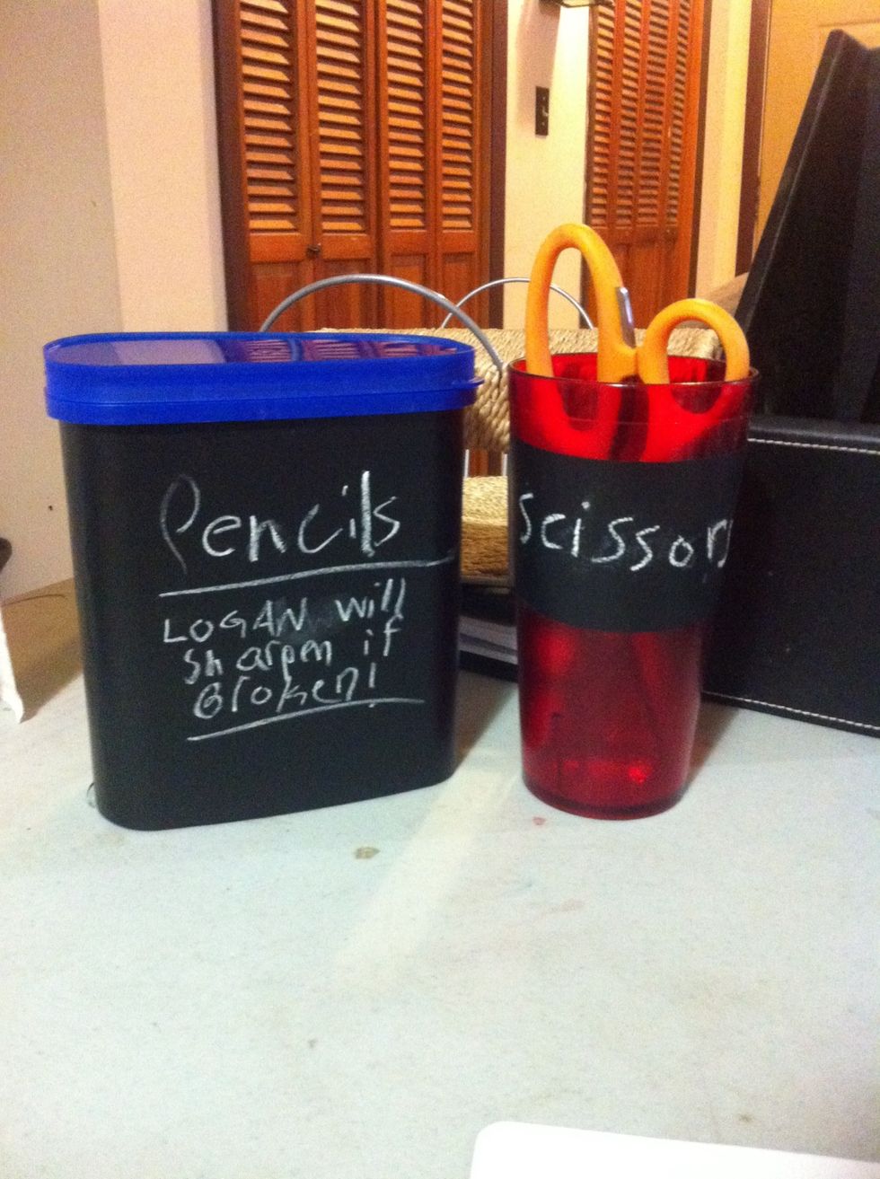 Added leftover contact paper to reused containers for fun organizing