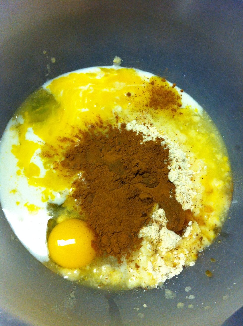 Added the 1/4 tsp of nutmeg to the 1/4 cup coconut flour and 4 eggs. Also add 1 tbsp cinnamon, 1/4 tsp baking soda, and 1 tsp PURE maple syrup---optional but recommended! :)