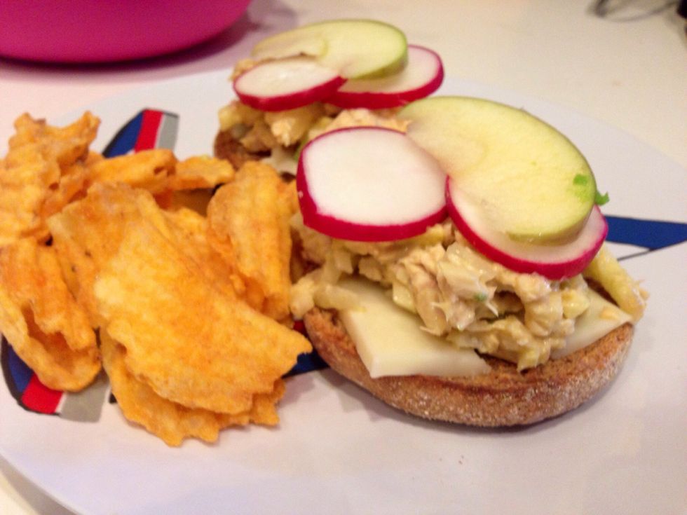 Added tuna salad on top, followed by the radishes and apple slices. Enjoy with some chips!