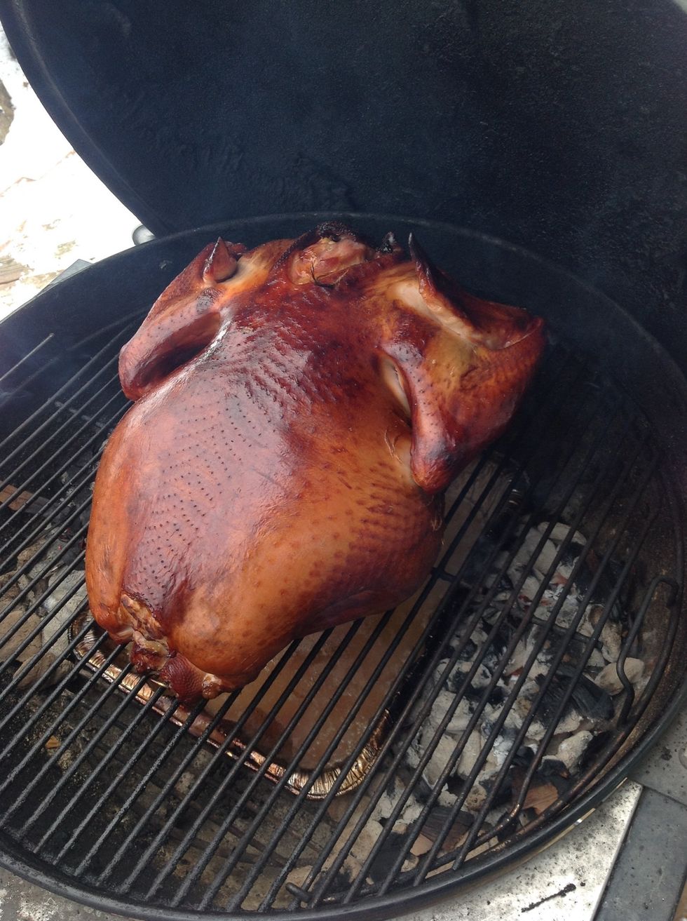 Adding charcoal & wood chips. Turn breast side up after 75 minutes.