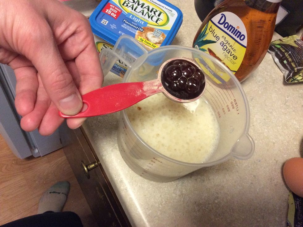 Adding in the coconut oil agave and egg to the wet