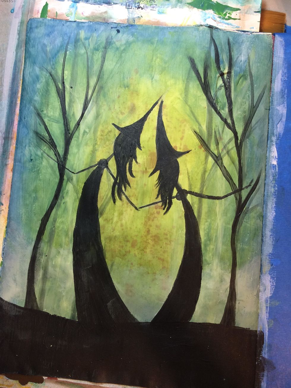 Adding more trees with thicker Tuxedo Velvet and painting in my witch sisters.