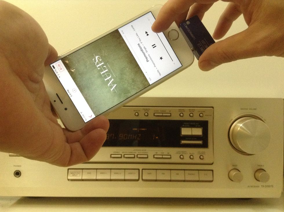 Adding streaming music from your iPhone 6 thru older home stereo without Bluetooth is as easy as one, two, three.