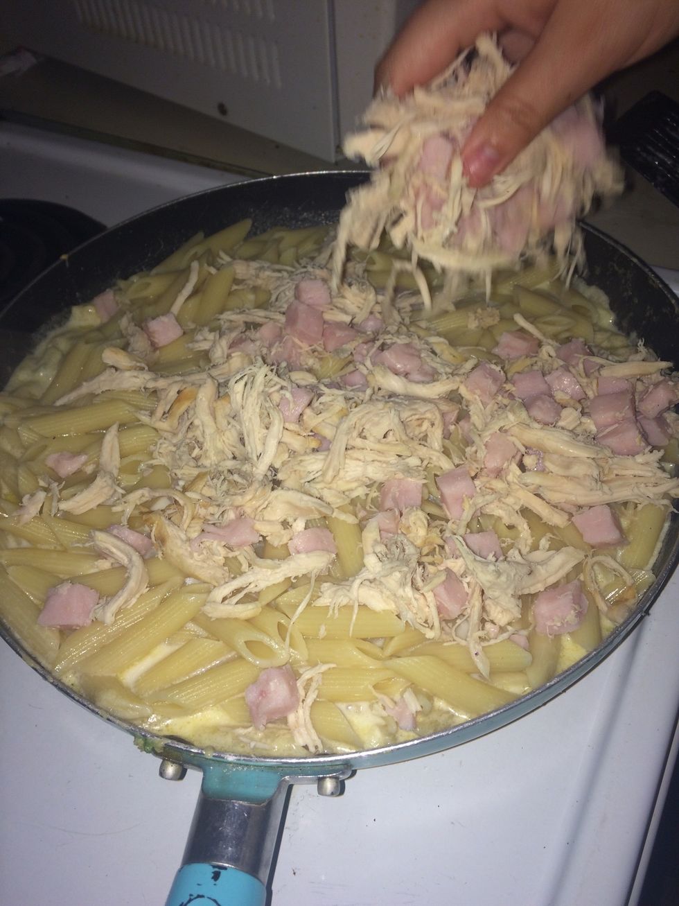 Adding the chicken and ham