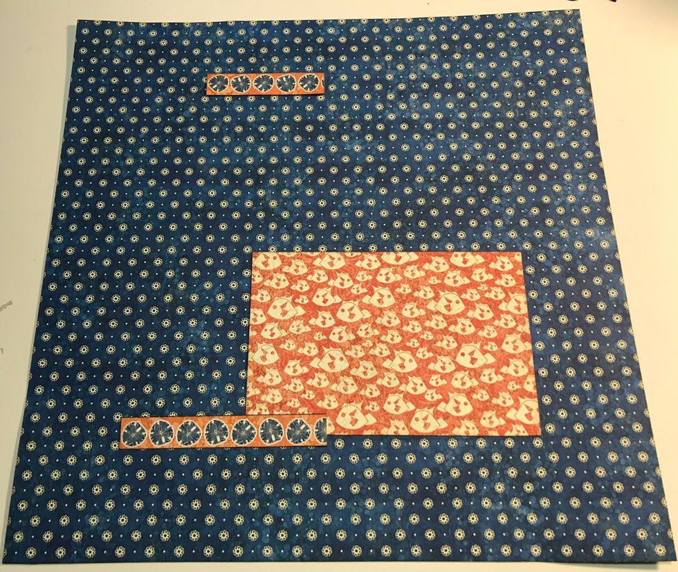 Adhere 4x6 card 1 7/8" from right & 2" from bottom of paper. Adhere short shell strip 1 3/8" from top & 2 7/8" from left & adhere short shell strip 1 3/4" from bottom & 1 3/4" from right of paper.