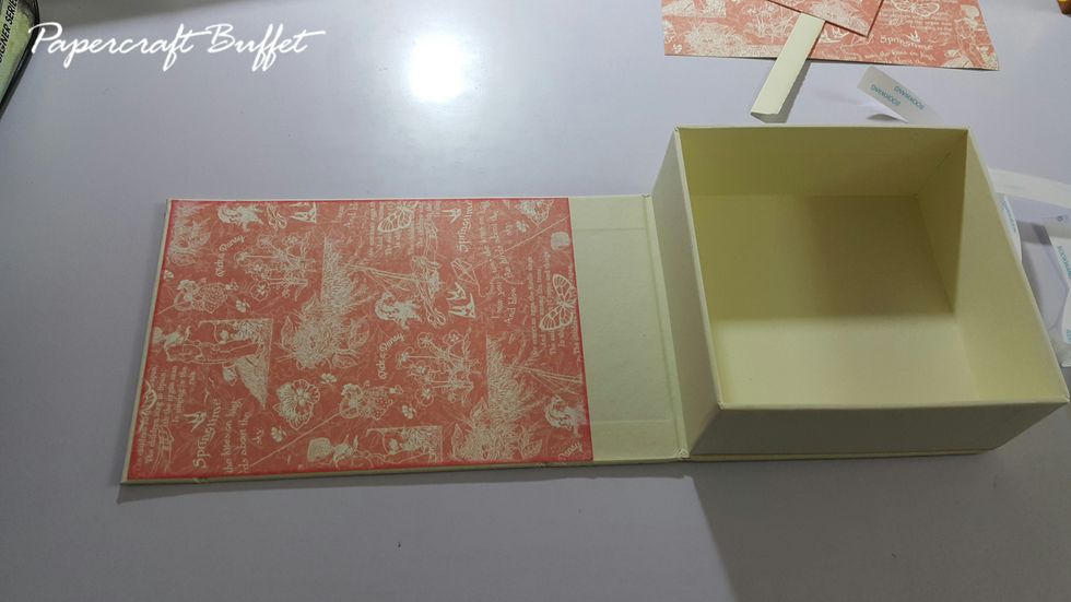 Adhere a piece of pattern paper of 5"(w)x7"(h) for the box backdrop, and cut the window out.