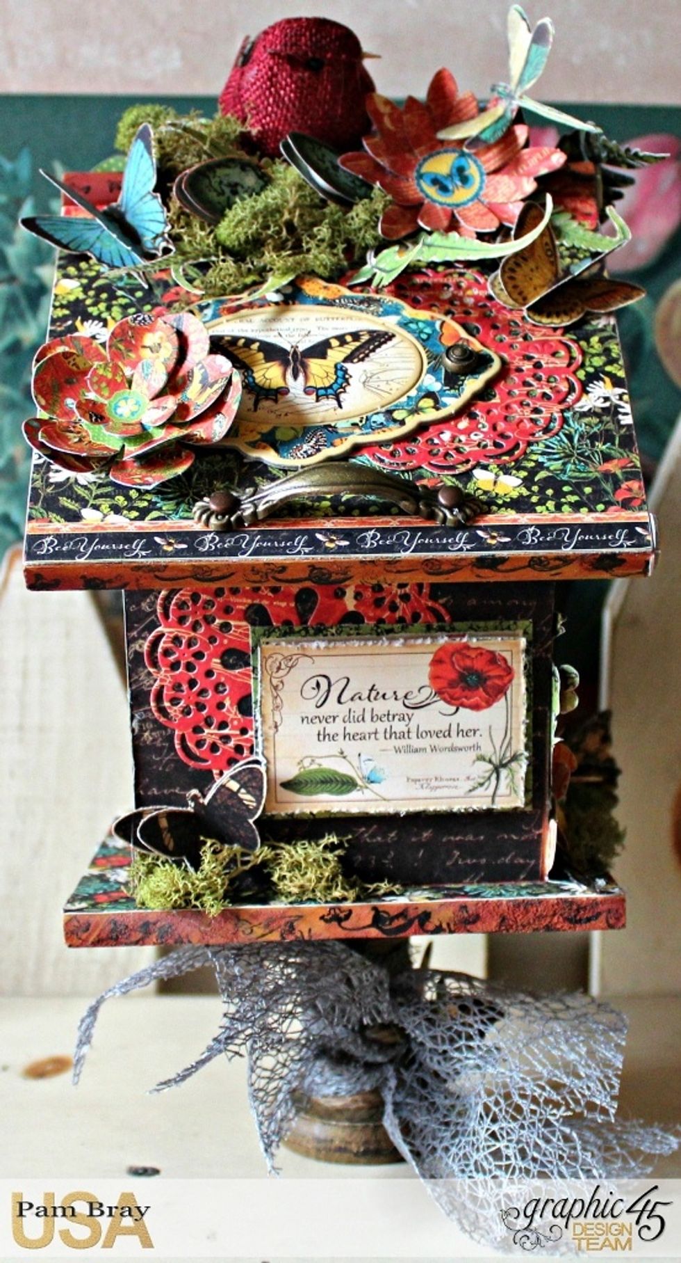 Adhere doilies to roof and sides of birdhouse.