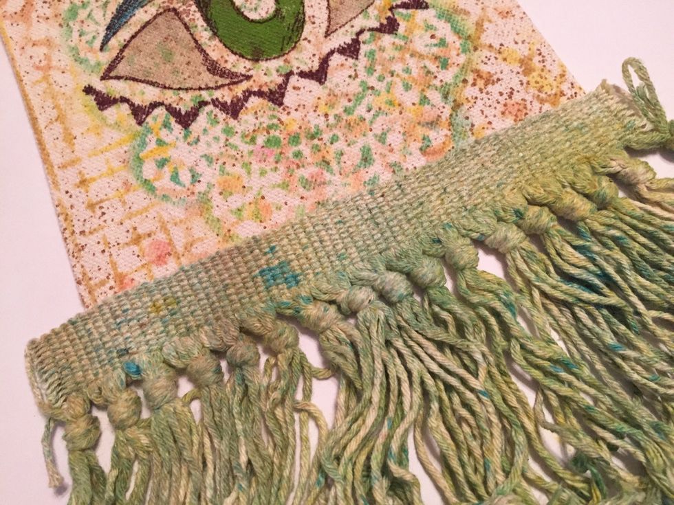 adhere fringe along bottom of bag using Fabri-Tac Glue, trim ends and apply a bit of glue to raw edges to seal.