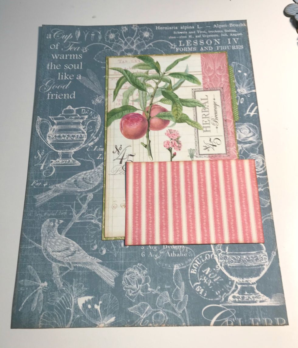 Adhere Herbal card to green/white paper. Adhere floral paper 3/4" from right & 1 1/4" from top. Adhere scallop border to right of herbal card. Adhere the striped card 1/2" from right & 3" from bottom.