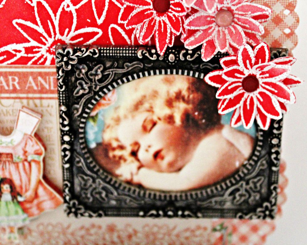 Adhere image from pattern paper to metal frame. Adhere to bottom of tag.