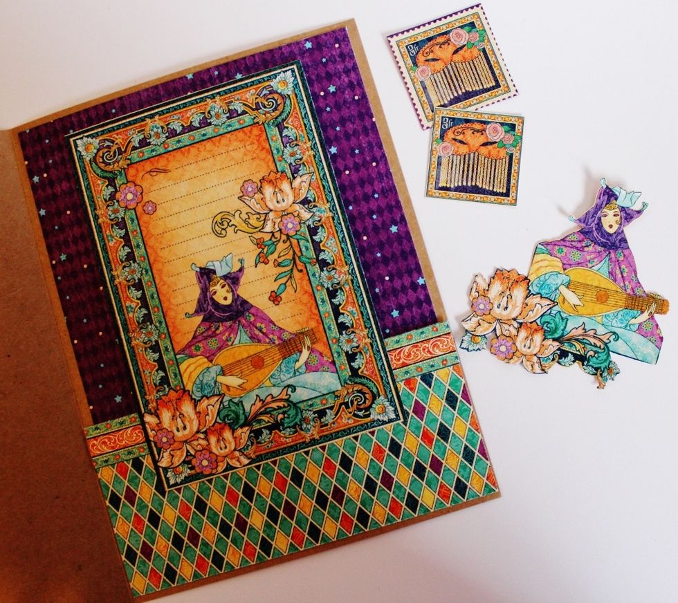 Adhere pattern paper to inside of card. Fussy cut journal piece, stamp images and other images from pattern paper.