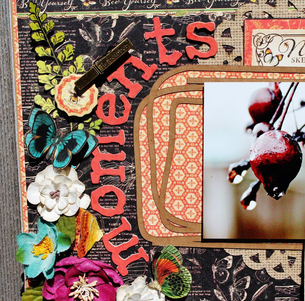 Adhere pattern paper to top of Matchbox Box. Add the prepared Scribble chipboard piece under photo. Place prepared letters in an arch shape around Scribble chipboard.