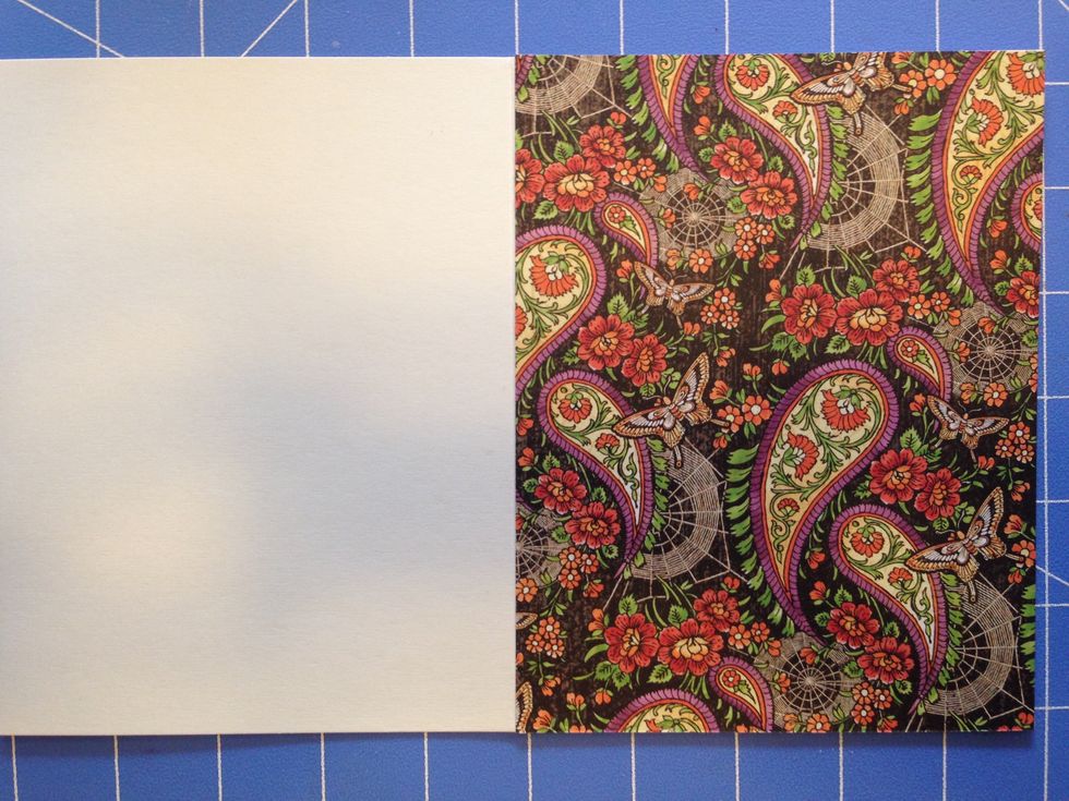 Adhere patterned paper to card base.