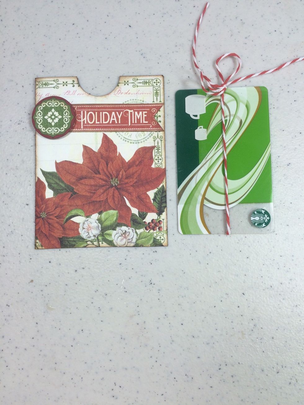 Adhere pieces to pocket as shown. Tie an 18" length of bakers twine around a gift card.