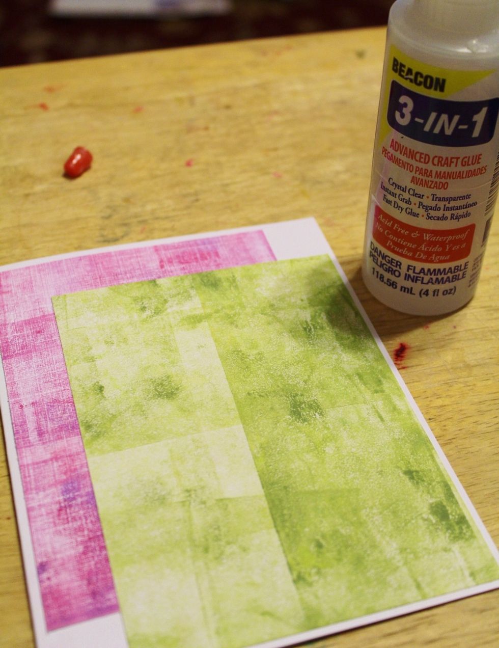adhere pink background, then green background to front of blank card...