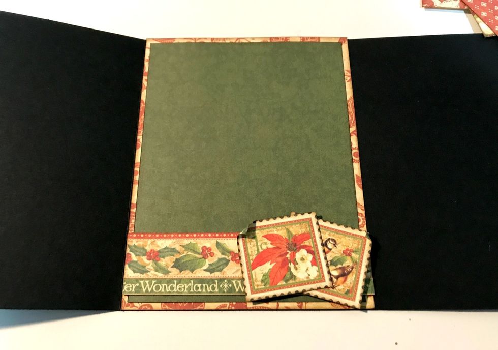 Adhere red holly border 1/4" from bottom of green paper. Adhere Winter Wonderland border slightly underneath holly border. Use foam squares to adhere the 2 stamps. Roll one corner down on each stamp.