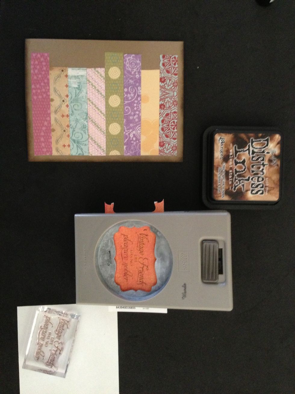 Adhere strips to card starting at the pencil mark and working to each side. Leave 1/4" space at bottom. Stamp sentiment on scrap and punch out. Distress edges.