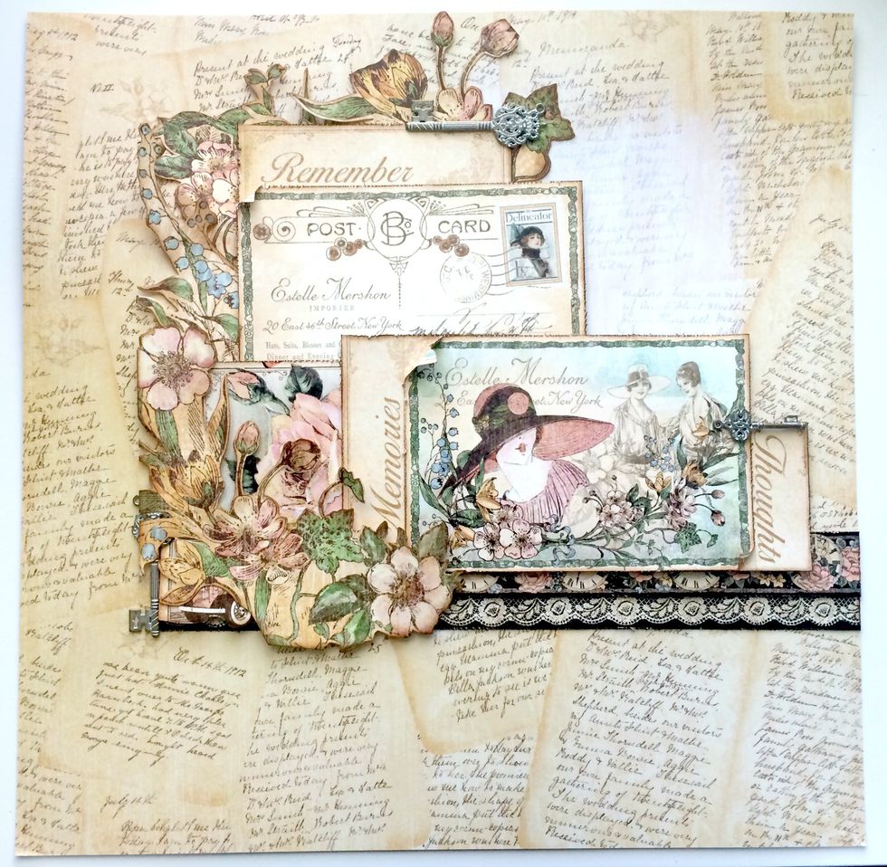 Adhere the first key to the left of the car, adhere the second key over top of the "thoughts" card and adhere the third to the top right corner of the "remember" card.